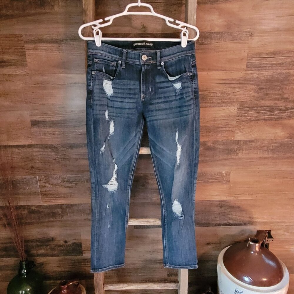 Express Jeans Size 4 Skinny Ankle Mid Rise Ripped Medium Wash Denim